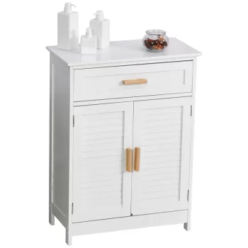 kleankin HOMCOM Dulapior de Baie multifunctional stabil cu usa dubla articulata si sertar organizator ingust din MDF pin alb 59 x 29 x 80cm 1fb2 imagine