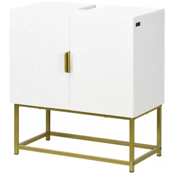 Kleankin Masca pentru chiuveta cu dulap cu 2 usi, mobilier modern din lemn si otel cu decoratiuni geometrice, 60x30x65cm, alb si auriu | AOSOM RO 7c7a imagine