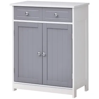 kleankin Mobilier de baie pe picior, dulap de baie 2 usi 2 sertare 60 x 30 x 75 cm gri si alb | Aosom Romania 48d3 imagine