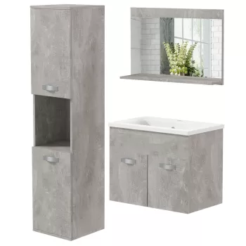 kleankin Set de Mobilier de Baie din 3 Piese, Montat pe Perete, cu Dulap cu Oglinda, Dulap de Toaleta cu Chiuveta si Dulap de Depozitare Inalt, Gri bc40 imagine