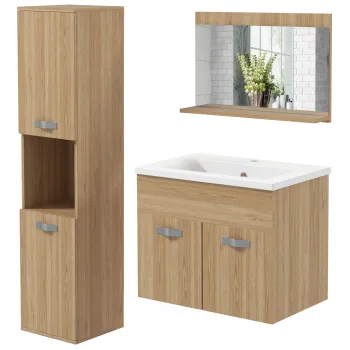kleankin Set de mobilier de baie oglinda coloana + dulap sub chiuveta suspendat cu bol, dulap coloana natural | Aosom Romania 5a30 imagine