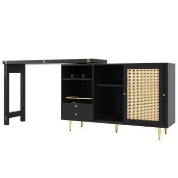 Masa inalta de design, extensibila si rotativa la 360?, cu blat rabatabil, dulap de depozitare cu usa din ratan + raft deschis de depozitare, 107x40x71,4 cm, Negru 373a imagine