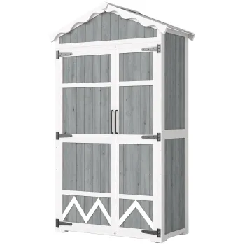 Outsunny Casuta de gradina din lemn 105x55x179 cm dulap pentru unelte cu 4 rafturi acoperis din metal galvanizat gri | Aosom Romania a32e imagine