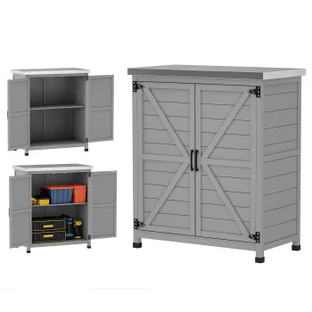 Outsunny Depozit de gradina, dulap exterior cu suprafata de lucru, dulap pentru unelte, lemn masiv, otel, 79L x 43B x 92H cm, Gri | Aosom Romania f342 imagine