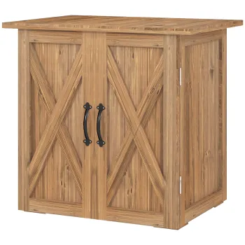 Outsunny Dulap de Exterior din Lemn cu 2 Usi, Casuta de Gradina pentru Unelte cu Acoperis Impermeabil, 77x55x72 cm, Maro | Aosom Romania 9a21 imagine