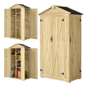 Outsunny Dulap de Gradina Casuta pentru Unelte cu 3 Usi 93x53x168 cm Lemn Natural | Aosom Romania f2e8 imagine