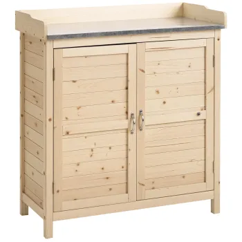 Outsunny Dulap de gradina cu 2 rafturi, suprafata de lucru din metal cu margine ridicata, lemn natural, 83 x 40 x 92 cm | Aosom Romania f0d7 imagine