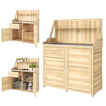 Outsunny Dulap de Gradina din Lemn cu Blat din Metal Galvanizat Sertar si Etajera 100x45x129,5cm Natural | Aosom Romania 9230 imagine