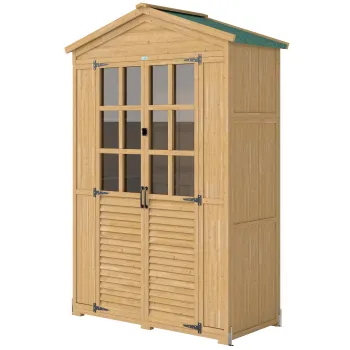 Outsunny Dulap de Gradina din Lemn de Brad cu Rafturi si Ferestre din Acril, Casuta Depozitare Unelte Exterioare cu Acoperis Asfaltat, Usi Blocabile, 128x57.5x197 cm, Maro Deschis | Aosom Romania 2e7c imagine