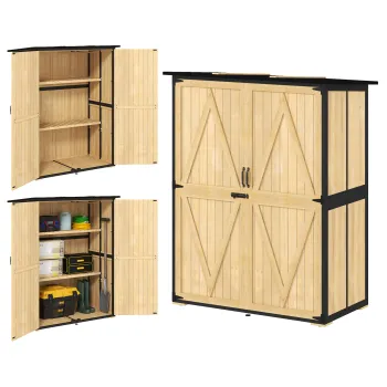 Outsunny Dulap de gradina din lemn si otel, Dulap de unelte pentru exterior cu acoperis din asfalt, 2 rafturi, usi blocabile, Lemn natural | Aosom Romania eab9 imagine