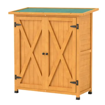 Outsunny Dulap de gradina, sura pentru unelte din lemn, dulap rezistent la intemperii cu 2 usi acoperis din asfalt 110 x 55 x 117 cm, Galben | Aosom Romania 1d05 imagine