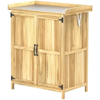 Outsunny Dulap Exterior, Depozit pentru Unelte cu Raft, din Lemn cu 2 Usi pentru Gradina, Terasa, Culoare Lemn Natural | Aosom Romania 9c93 imagine
