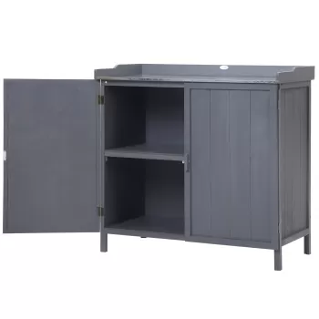 Outsunny Dulap pentru Exterior din Lemn de Brad cu Blat de Lucru din Metal Zincat si 2 Rafturi pentru Scule, 98x48x95.5 cm, Gri 7309 imagine