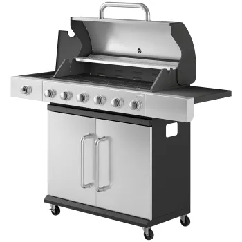 Outsunny Gratar pe Gaz, 6 Arzatoare, Arzator Lateral, Grilaj din Fonta, Dulap Inclus | Aosom Romania 3a0a imagine