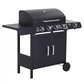 Outsunny Gratar pe Gaz cu 5 Arzatoare Rafturi Laterale si Dulap Inferior cu Usa, Gratar de Gradina cu Roti din Otel si PP, 125x51x100 cm, Negru 0841 imagine