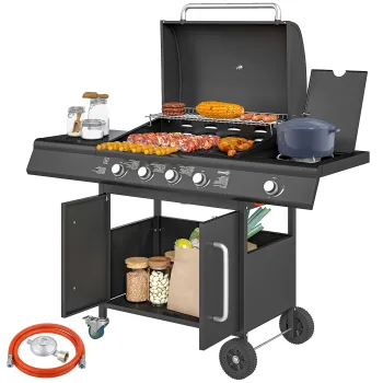 Outsunny Gratar pe Gaz cu Dulapior, Capac, Masuta Laterala si Tava de Colectare a Grasimii, 129,5x56x110 cm, Negru | Aosom Romania 50c7 imagine