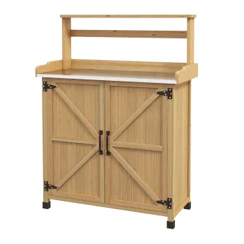 Outsunny Masa de repicare masa de gradinarit cu dulap si rafturi si blat pietre antidrapante din lemn de brad galben | Aosom Romania 2d55 imagine