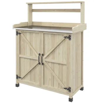 Outsunny Masa de transplant masa de gradinarit dulap si rafturi si blat talpi antiderapante 90,5x41x124,5cm lemn natural | Aosom Romania 0c09 imagine