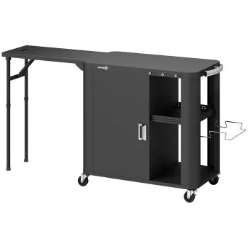 Outsunny Servanta de gradina carucior de gratar pe roti cu masa laterala pliabila dulap rafturi 166 x 54 x 88 cm negru | Aosom Romania 4eaf imagine