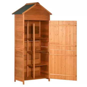 Outsunny Sopron de Gradina din Lemn cu 2 Usi, Dulap de Exterior Depozitare Unelte cu 3 Rafturi, 84x52x188cm 4de8 imagine