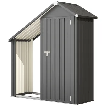 Outsunny Sopron Exterior pentru Lemne cu Dulap pentru Unelte, 0,77 m2, 150x66x162 cm, Din Otel Galvanizat, Gri Inchis | Aosom Romania a83d imagine