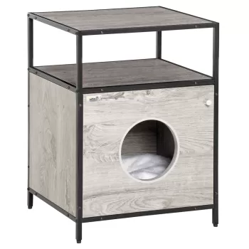 PawHut Casuta pentru Pisici Dulapior Multifunctional cu Perna Lavabila si Etajere, Dulapior Culcus Masuta de Salon din Otel si Lemn, Gri d1de imagine