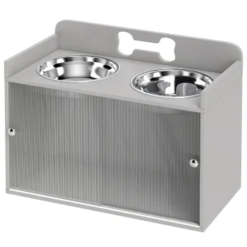 PawHut Statie de hranire ridicata cu 2 boluri si dulap, MDF, otel inoxidabil, model cu oase, Gri | Aosom Romania e5a3 imagine