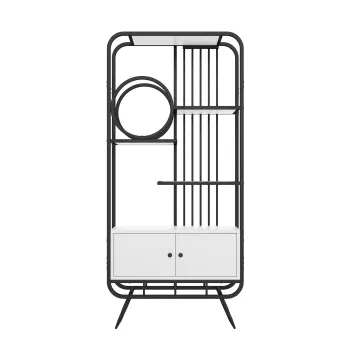 Raft metalic, trei rafturi si decor rotund, dulap de depozitare alb cu usi duble, 80x30x180 cm, Alb + Negru a063 imagine
