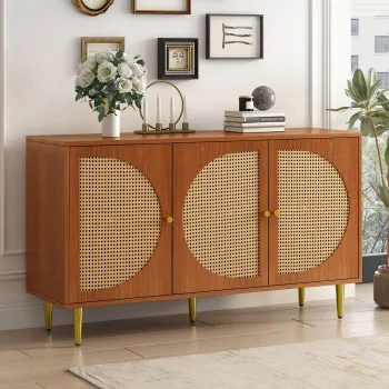 Set Mobila de Living din Ratan cu Comoda Moderna cu Trei Usi si Dulap pentru Pantofi cu Doua Usi Glisante, Culoare nuc f9c4 imagine