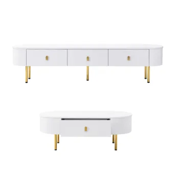 TV-dulap-masa de cafea-combinatie, living-combinatie cu sertare si colturi rotunjite, Alb+Auriu 93b8 imagine