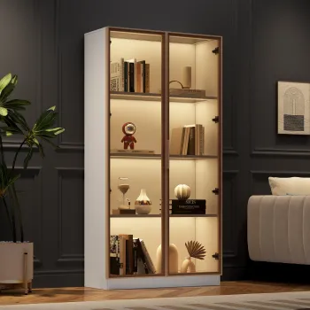 Vitrina Moderna din Sticla cu Iluminare LED in 16 Culori, Usi Duble si Rafturi Reglabile, 80x40x160 cm - Dulap TV, Alb 709c imagine