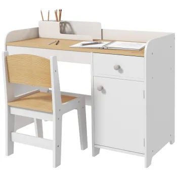 ZONEKIZ Birou pentru copii cu scaun, masa pentru copii cu sertar, dulap si blat generos, pentru 3-6 ani, 80 x 39 x 59 cm, alb | Aosom Romania 254b imagine
