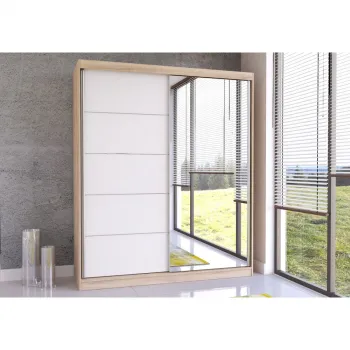 Dulap BELLA 03, usi glisante, oglinda, 6 rafturi, bara de haine, sonoma + alb, 183x61x218 cm e3c2 imagine