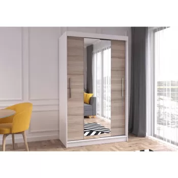 Dulap NEOMI 01, usi glisante, oglinda, 6 rafturi, bara de haine, corp alb + front sonoma, 120x61x200 cm bc19 imagine