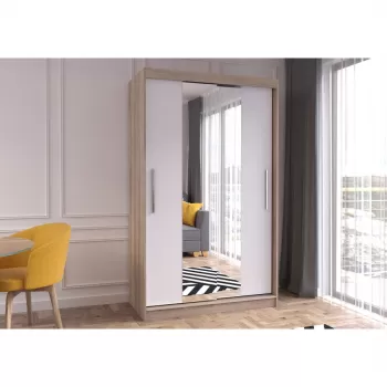 Dulap NEOMI 01, usi glisante, oglinda, 6 rafturi, bara de haine, corp sonoma, front alb, 120x61x200 cm 2429 imagine