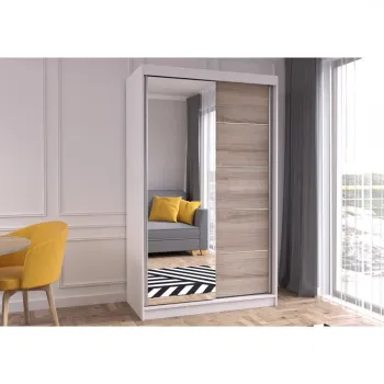 Dulap NEOMI 05, usi glisante, oglinda, 6 rafturi, bara de haine, corp alb, front sonoma, 120x61x200 cm d18f imagine