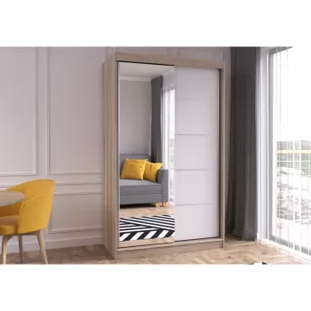 Dulap NEOMI 05, usi glisante, oglinda, 6 rafturi, bara de haine, corp sonoma, front alb, 120x61x200 cm 8266 imagine