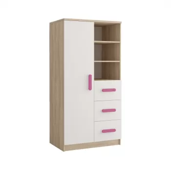 Dulap SMIK III - 05, 1 usa, 3 sertare, corp sonoma, front alb, roz, 80x40x160 cm 3acd imagine