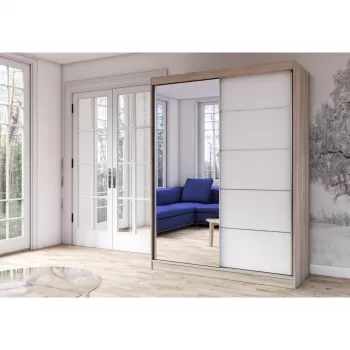 Dulap VISTA 05, usi glisante, oglinda, 6 rafturi, bara de haine, corp sonoma, front alb, 150x61x200 cm 0de9 imagine