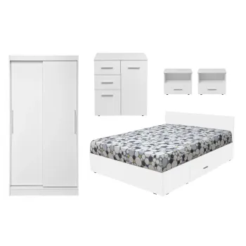 Set dormitor ALMA, 5 piese, pat 160x200 cm, dulap usi glisante, comoda, 2 noptiere, alb 5d6a imagine