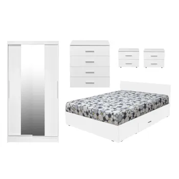 Set dormitor ALMA, 5 piese, pat 160x200 cm, dulap usi glisante cu oglinda, comoda, 2 noptiere, alb cc59 imagine