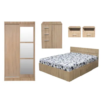 Set dormitor ALMA, 5 piese, pat 160x200 cm, dulap usi glisante cu oglinda, comoda, 2 noptiere, sonoma 20dd imagine