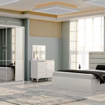 Set Dormitor DALYAN, 5 piese, pat 160 x 200 cm, dulap usi glisante, comoda, 2 noptiere, corp alb, fronturi alb 6ad2 imagine
