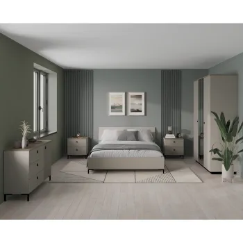 Set dormitor DOMINICA, 5 piese, pat cu somiera rabatabila 160x200 cm, dulap 3 usi cu oglinda, comoda, 2 noptiere, taupe + stejar silverjack f87d imagine