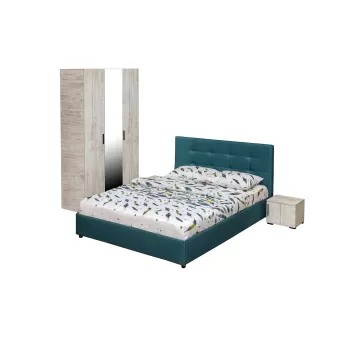 Set dormitor ECONO, 4 piese, pat 140x200 cm, dulap 3 usi, 2 noptiere, pin antichizat + turcoaz 970b imagine