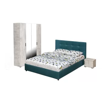 Set dormitor ECONO, 4 piese, pat 160x200 cm, dulap 4 usi, 2 noptiere, pin antichizat + turcoaz 6c52 imagine