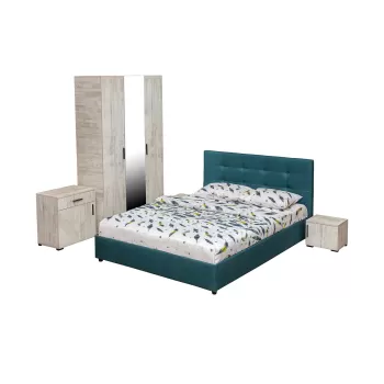 Set dormitor ECONO, 5 piese, pat 140x200 cm, dulap 3 usi, comoda, 2 noptiere, pin antichizat + turcoaz a36a imagine
