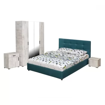 Set dormitor ECONO, 5 piese, pat 140x200 cm, dulap 4 usi, comoda, 2 noptiere, pin antichizat + turcoaz 2f7b imagine