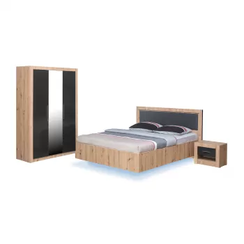 Set dormitor OSLO, 4 piese, pat 160x200 cm cu banda led, dulap 3 usi, 2 noptiere, artisan + gri antracit a6f1 imagine