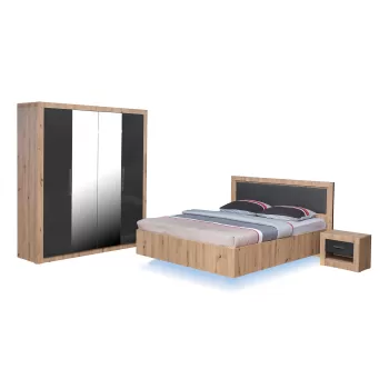 Set dormitor OSLO, 4 piese, pat 160x200 cm cu banda led, dulap 4 usi, 2 noptiere, artisan + gri antracit 9650 imagine